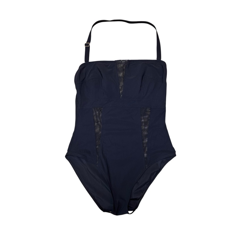 Shan black one piece halter swim suit size 12 nude mesh panels slimming Canada - Picture 2 of 8